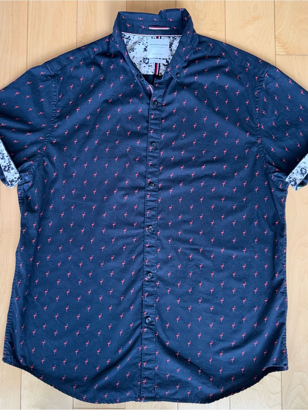 Denim & Flower Flamingo Print Shirt Men’s L Slim Fit Navy Button Up